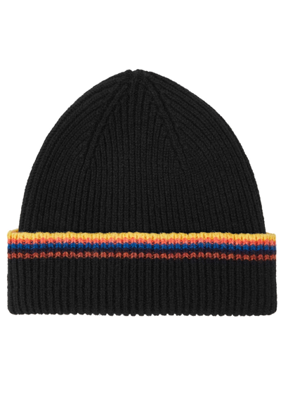 Paul Smith Striped Ribbed Wool Beanie In Black