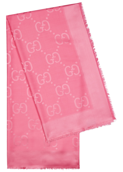 Gucci Gg Monogrammed Silk-blend Scarf In Pink