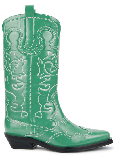 Ganni Embroidered Leather Cowboy Boots In Green