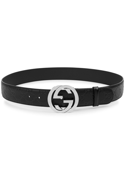 Gucci Gg Embossed Leather Belt In Black