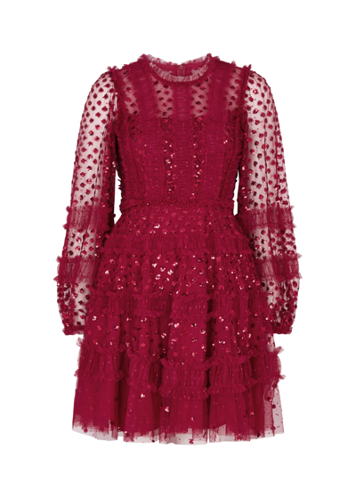 Needle & Thread Dot Shimmer Ruffled Embellished Tulle Mini Dress In Red