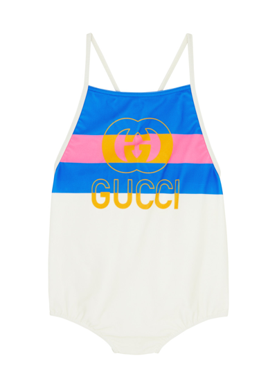 Gucci Kids Striped Logo-print Swimsuit In Metallic