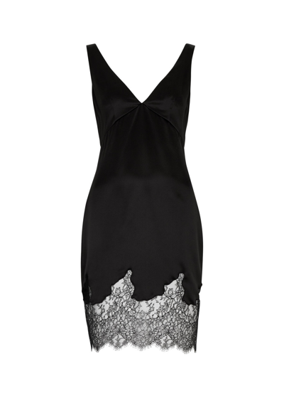 Saint Laurent Yves  Lace-trimmed Silk-satin Mini Dress In Black