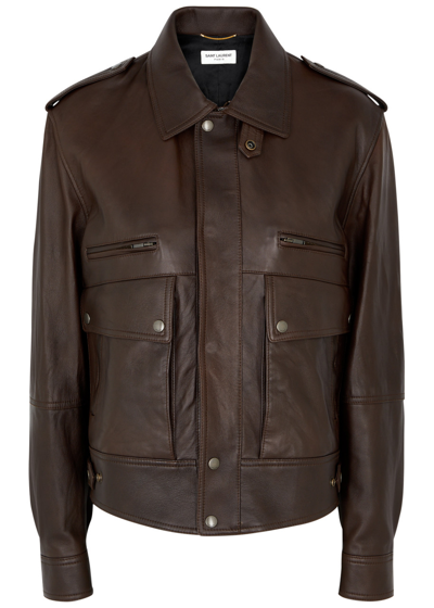 Saint Laurent Yves  Leather Jacket In Brown