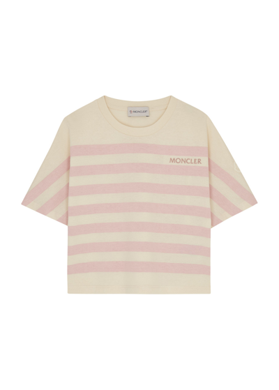Moncler Kids' Pink And White Crewneck Striped T-shirt In Cotton Girl In Pink & Other