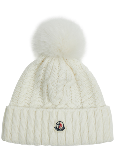Moncler Pompom Cable-knit Wool-blend Beanie In White