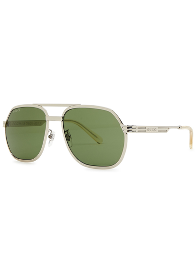 Gucci Aviator-style Sunglasses, Sunglasses, Silver, Metal In Green
