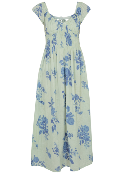 Free People Forget Me Not Floral-print Cotton Midi Dress In Blue
