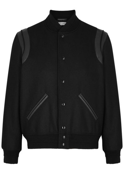 Saint Laurent Leather-trimmed Wool Bomber Jacket In Black