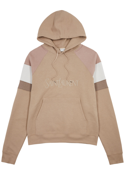 Saint Laurent Logo Hooded Cotton Sweatshirt In Beige