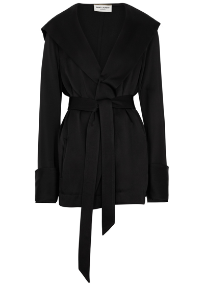 Saint Laurent Belted Hooded Satin Wrap Jacket In Black