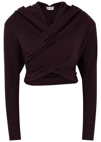 Saint Laurent Hooded Cross-over Wool Top In Purple