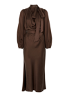Zimmermann Billow Pussy-bow Belted Silk-satin Midi Dress In Chocolate
