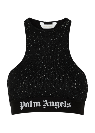 Palm Angels Classic Logo Cropped Lurex Top In Black