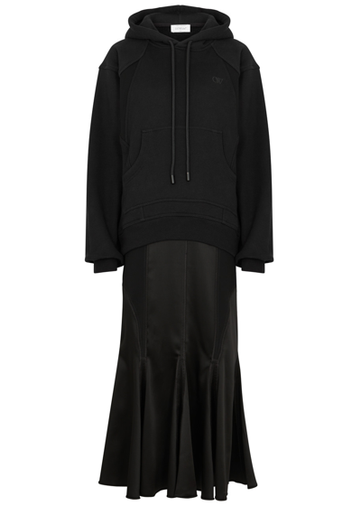 Off-white Hooded Paneled Cotton-jersey And Satin Midi Dress In Black