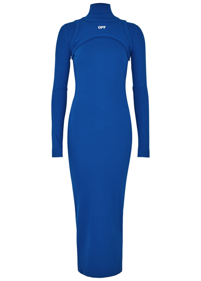 Off-white Ribbed Stretch-cotton Jersey Midi Dress In Blue And White