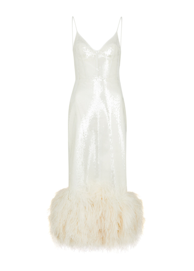 David Koma Feather-detail Sequinned Midi Dress In White