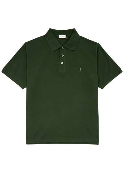 Saint Laurent Logo Piqué Cotton-blend Polo Shirt In Dark Green