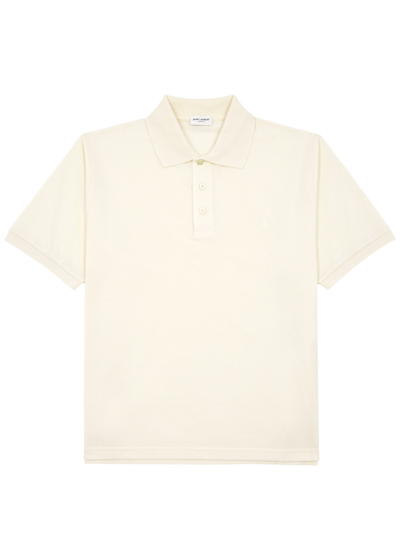 Saint Laurent Logo Piqué Cotton-blend Polo Shirt In Off White