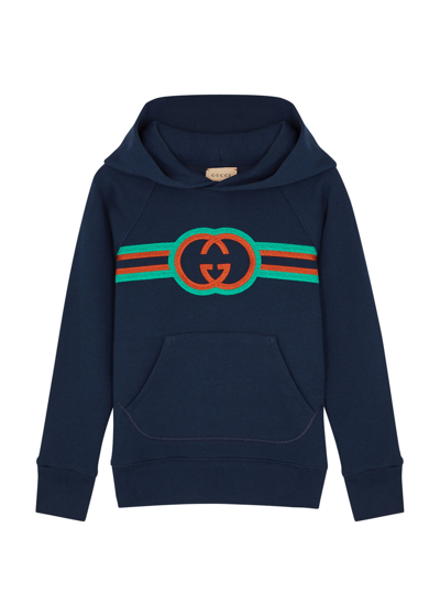 Gucci Kids Gg-embroidered Hooded Cotton Sweatshirt In Blue