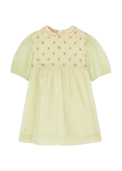 Gucci Kids Floral-embroidered Silk-organza Dress In Green