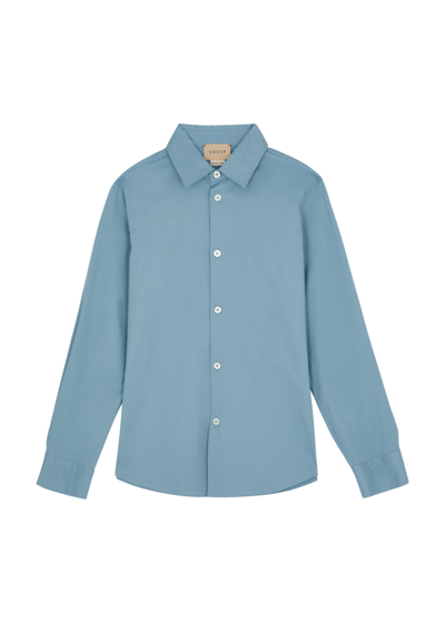 Gucci Kids Logo-embroidered Stretch-cotton Shirt (4-12 Years) In Blue