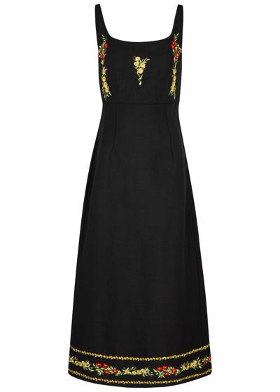 Rixo London Benedict Embroidered Linen-blend Midi Dress In Black