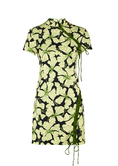 De La Vali Trapeze Floral-print Mini Dress In Green