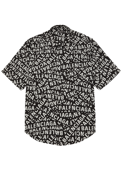 Balenciaga Logo-print Poplin Short-sleeved Shirt In Black