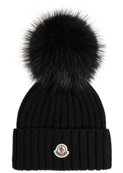 Moncler Pompom Ribbed Wool Beanie In Black