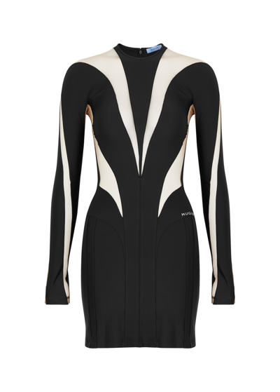 Mugler Panelled Stretch-jersey And Tulle Mini Dress In Black