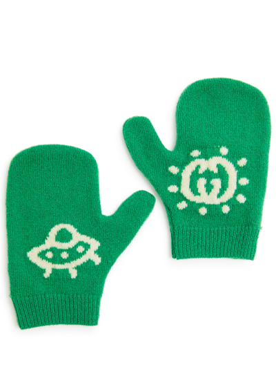 Gucci Kids Gg And Ufo-intarsia Wool Gloves In Green