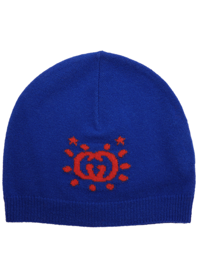 Gucci Kids Gg And Ufo-intarsia Wool Beanie In Blue