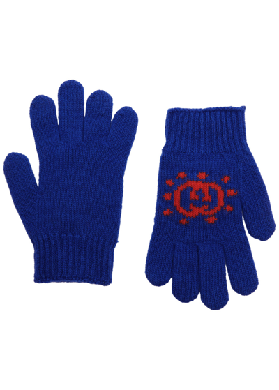 Gucci Kids Logo And Ufo-intarsia Wool Gloves In Blue
