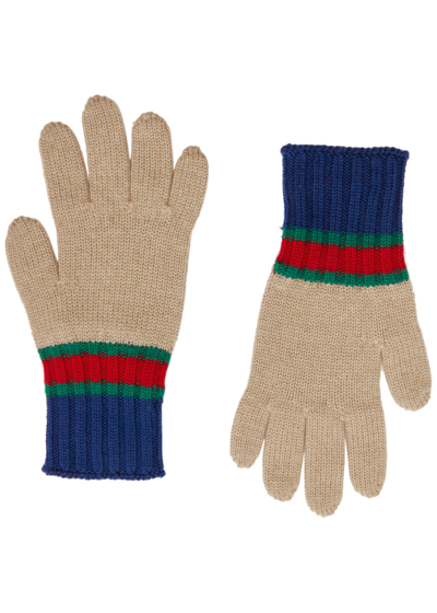 Gucci Kids Stripe-intarsia Wool Gloves In Grey