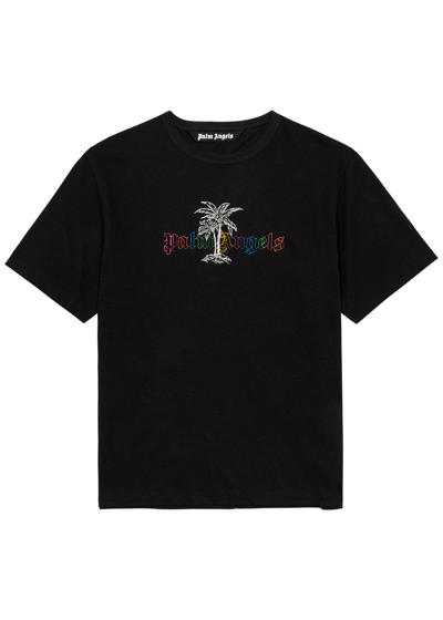 Palm Angels Logo Cotton And Linen-blend T-shirt In Black And White