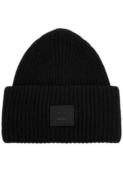 Acne Studios Pansy Logo Ribbed Wool Beanie In Black