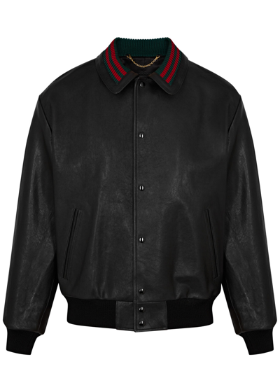Gucci Stripe-trimmed Leather Bomber Jacket In Black
