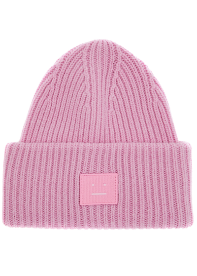 Acne Studios Pansy Logo Ribbed Wool Beanie In Pink