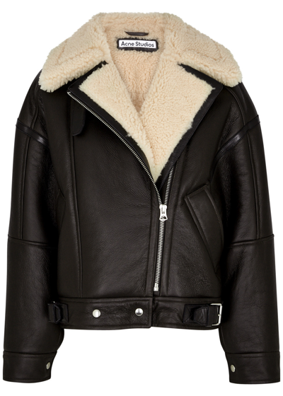 Acne Studios Shearling-trimmed Leather Jacket In Dark Brown