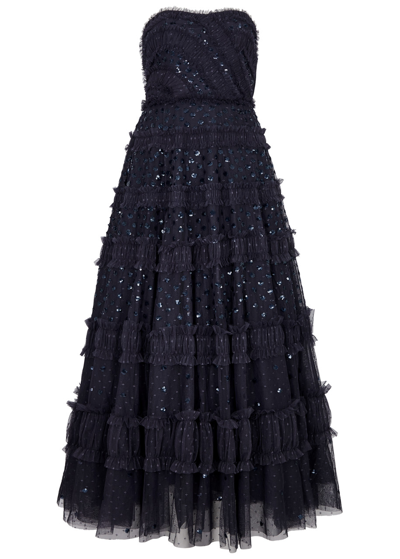 Needle & Thread Strapless Dot Shimmer Gown In Navy