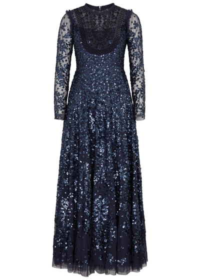 Needle & Thread Victorian Wreath Sequin-embellished Tulle Gown In Navy