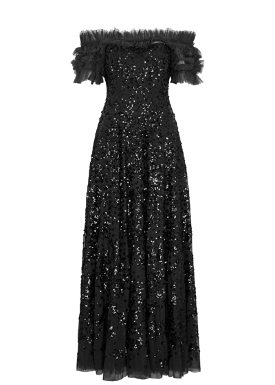 Needle & Thread Off-the-shoulder Wreath Gown In Black