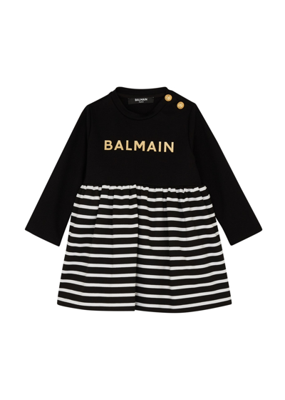 Balmain Babies' Kids Logo-print Striped Stretch-jersey Dress In Black