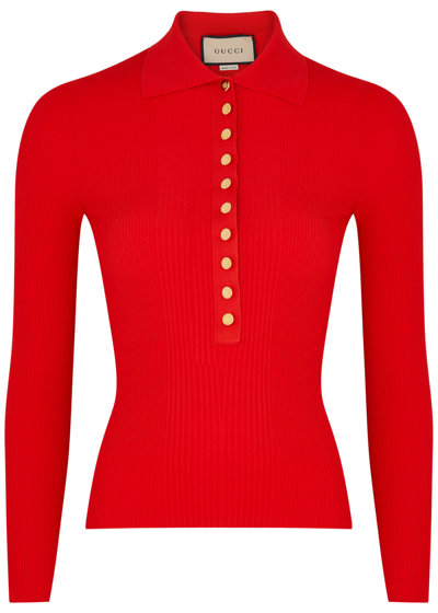 Gucci Ribbed-knit Polo Top In Red