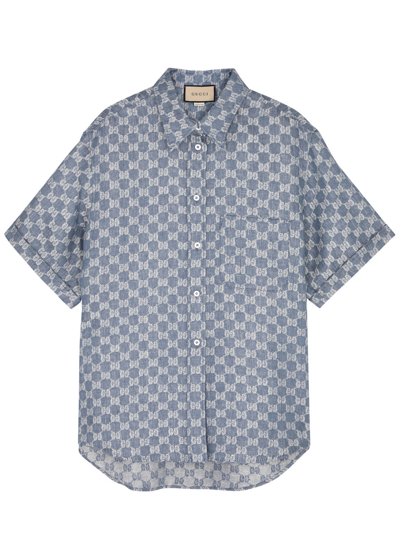 Gucci Gg-jacquard Linen Shirt In Blue