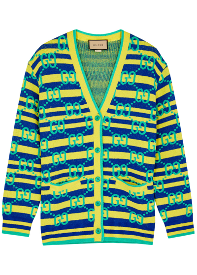 Gucci Gg Monogrammed And Striped Cardigan In Green