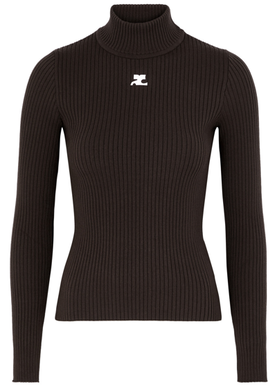 Courrèges Logo Ribbed-knit Jumper In Brown