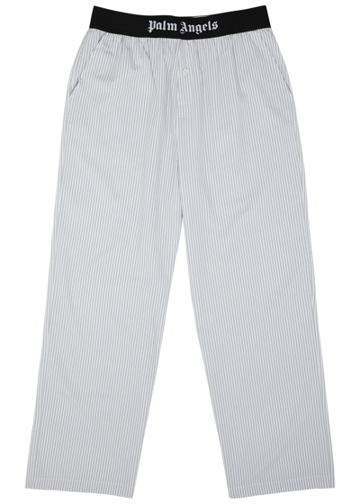 Palm Angels Striped Logo Cotton Pyjama Trousers In Grey