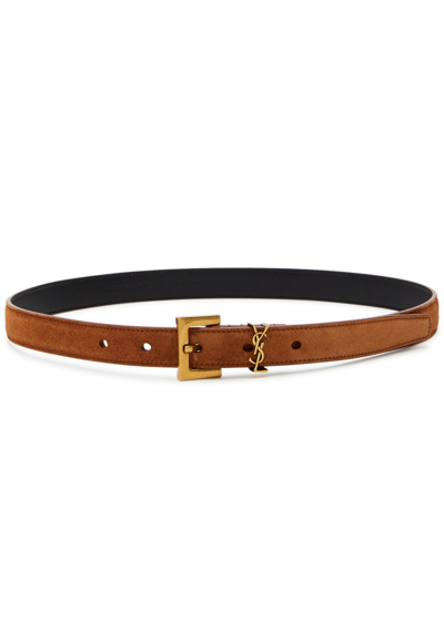 Saint Laurent Logo Suede Belt In Brown